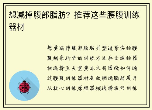 想减掉腹部脂肪？推荐这些腰腹训练器材